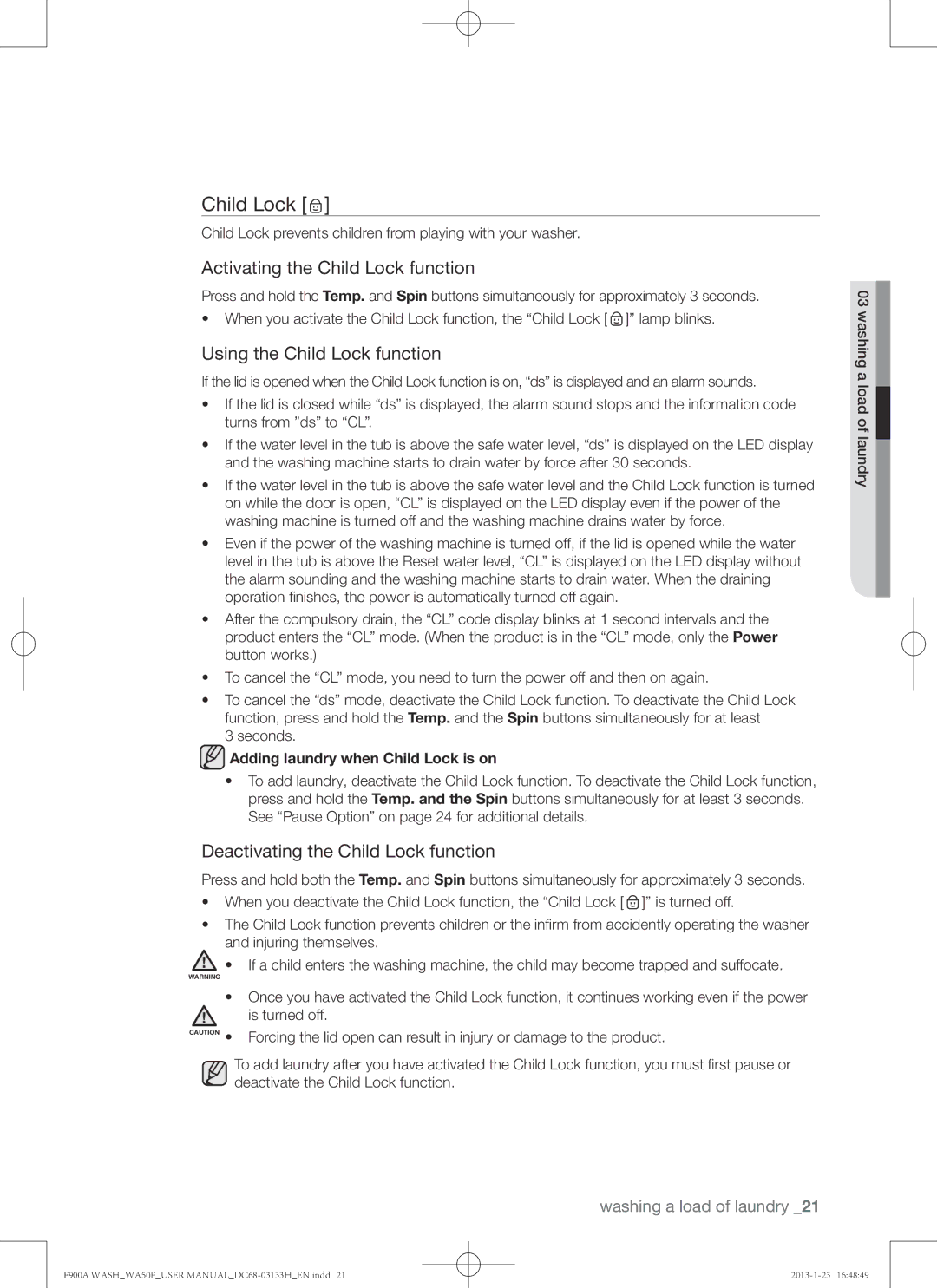 Samsung WA50F9A6DSW user manual Activating the Child Lock function, Using the Child Lock function 