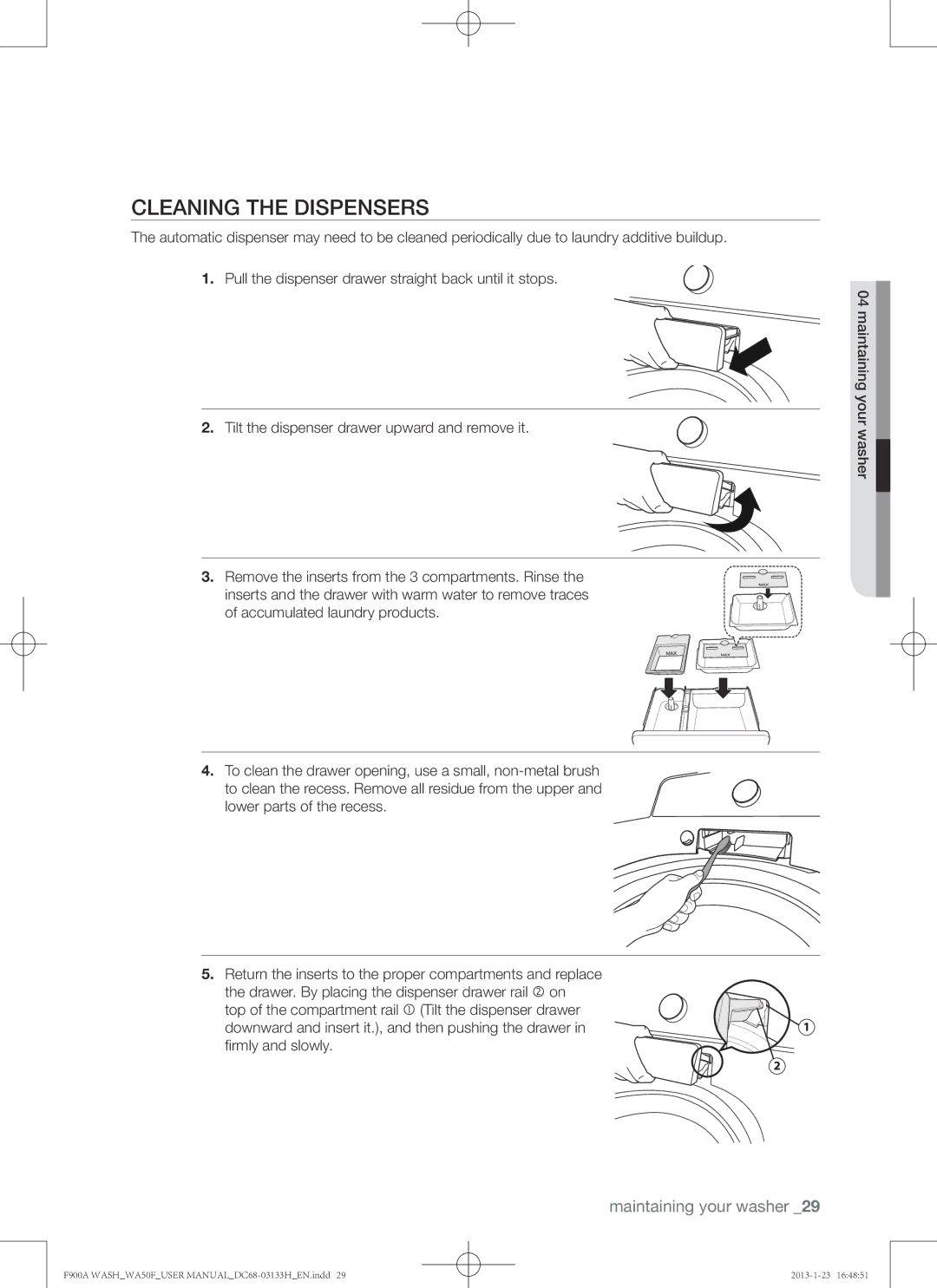 Samsung WA50F9A6DSW user manual Cleaning the dispensers 