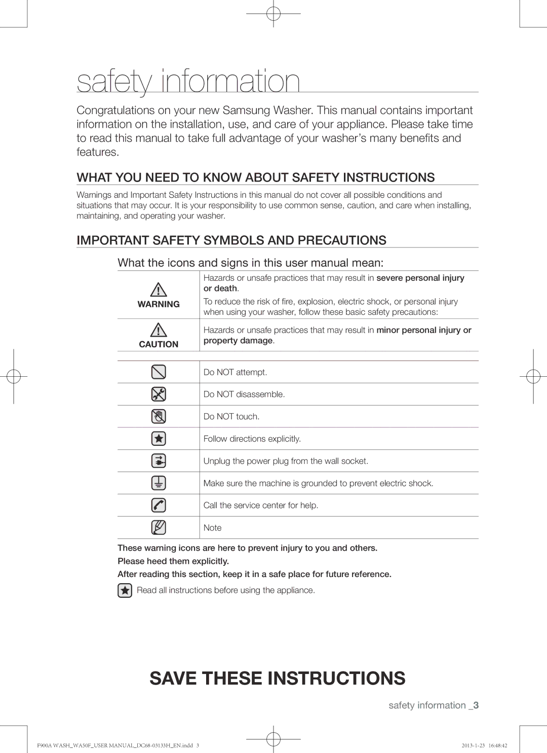 Samsung WA50F9A6DSW user manual Safety information, Or death, Property damage 