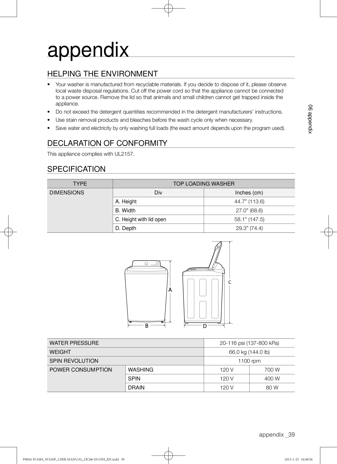 Samsung WA50F9A6DSW user manual Helping the environment, Declaration of conformity, Specification 