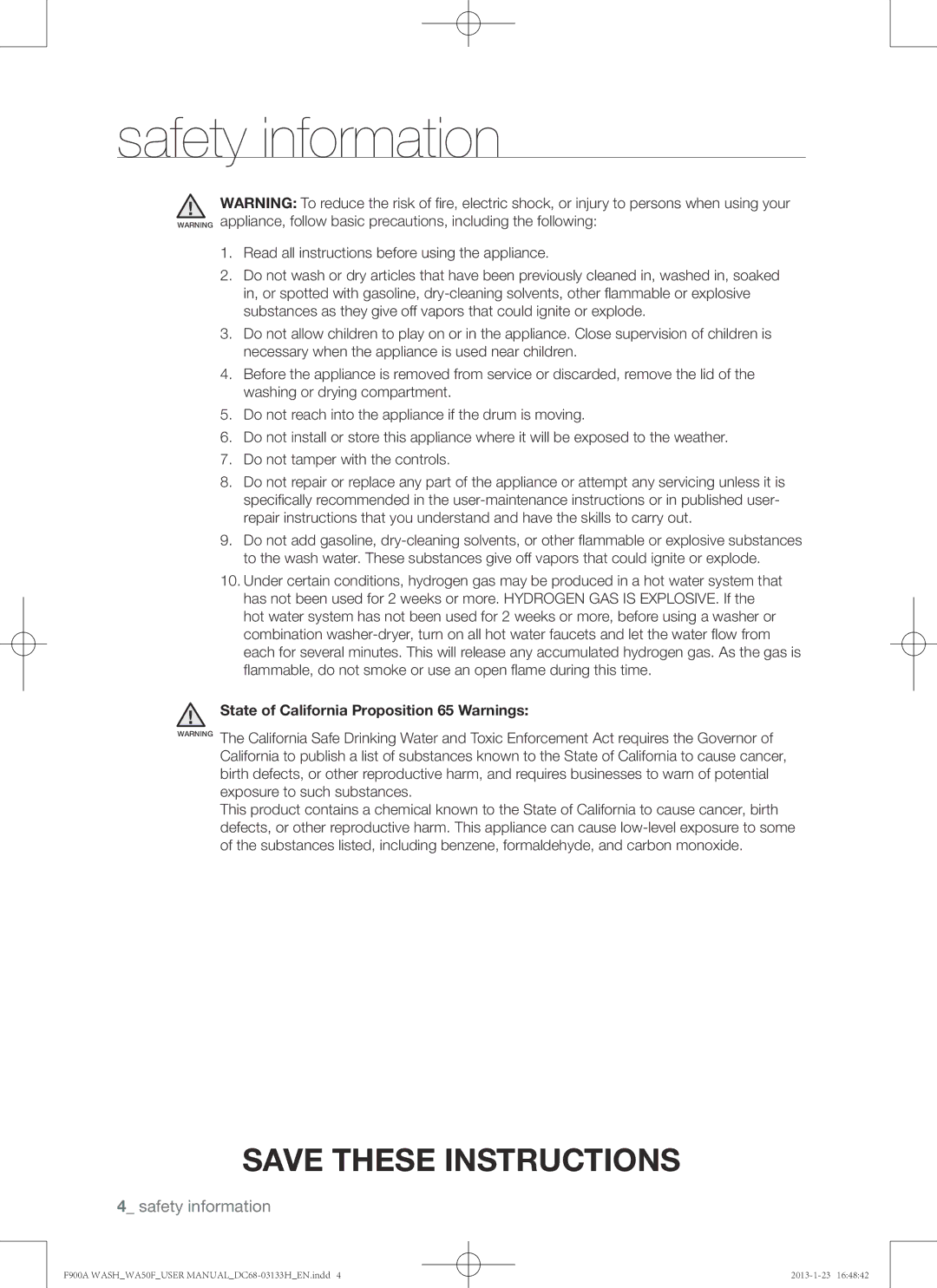 Samsung WA50F9A6DSW user manual State of California Proposition 65 Warnings 