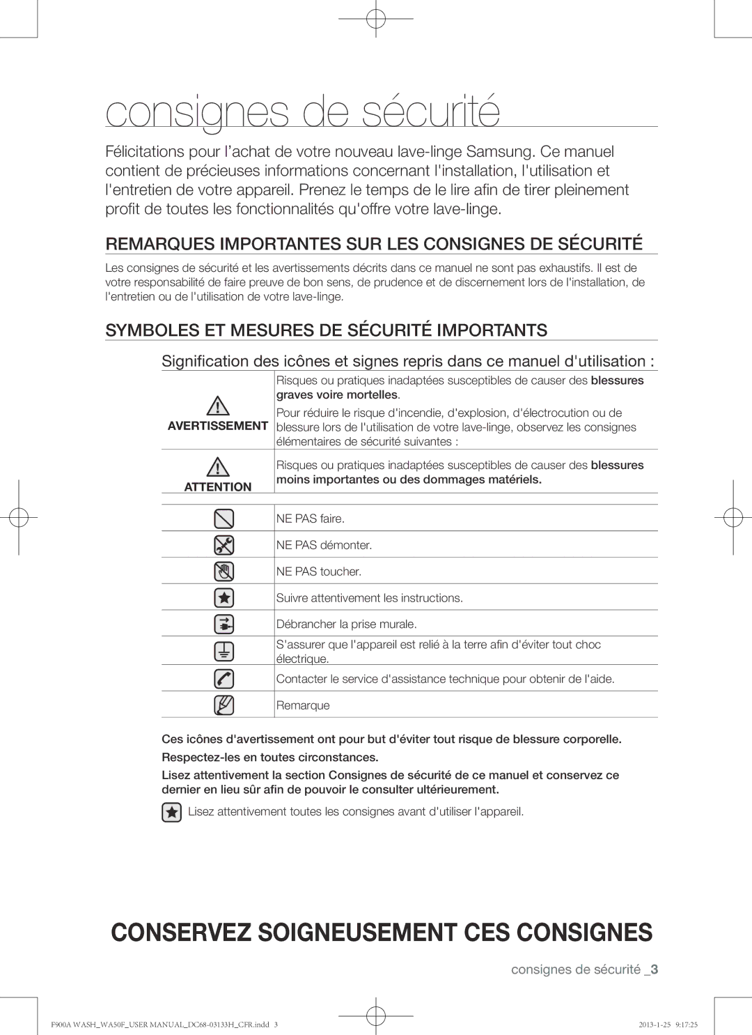 Samsung WA50F9A6DSW user manual Consignes de sécurité, Avertissement 