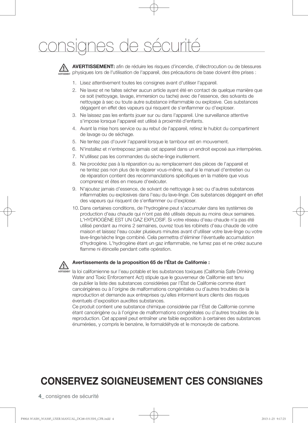 Samsung WA50F9A6DSW user manual Avertissements de la proposition 65 de l’État de Californie 