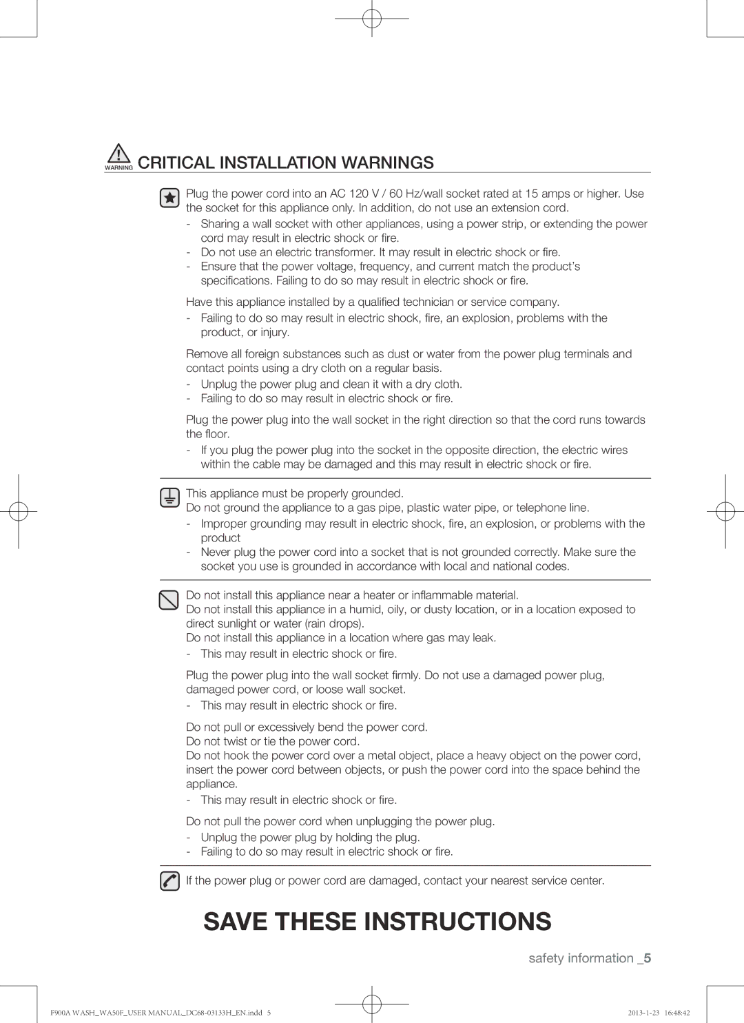 Samsung WA50F9A6DSW user manual Safety information 