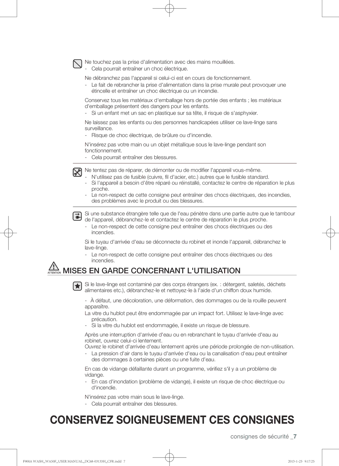 Samsung WA50F9A6DSW user manual Conservez Soigneusement CES Consignes 