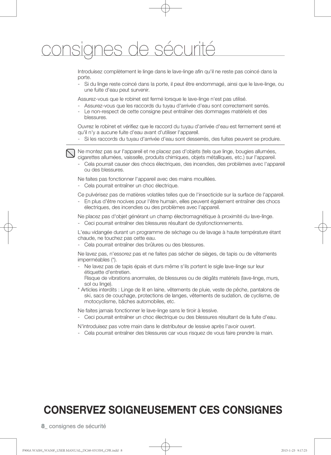 Samsung WA50F9A6DSW user manual Consignes de sécurité 