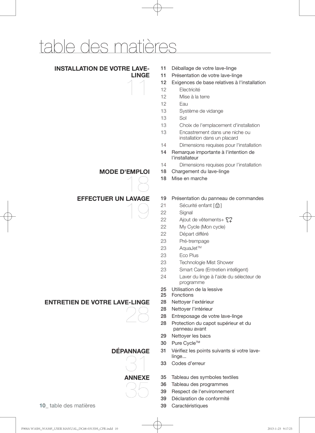 Samsung WA50F9A6DSW user manual Table des matières 