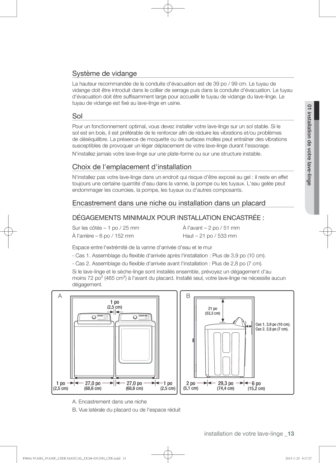 Samsung WA50F9A6DSW user manual Système de vidange, Sol, Choix de lemplacement dinstallation, Sur les côtés 1 po / 25 mm 