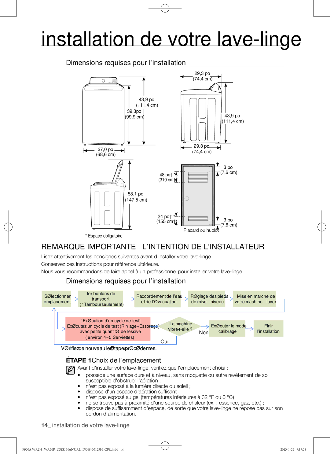 Samsung WA50F9A6DSW user manual Remarque importante à lintention de linstallateur, Dimensions requises pour linstallation 