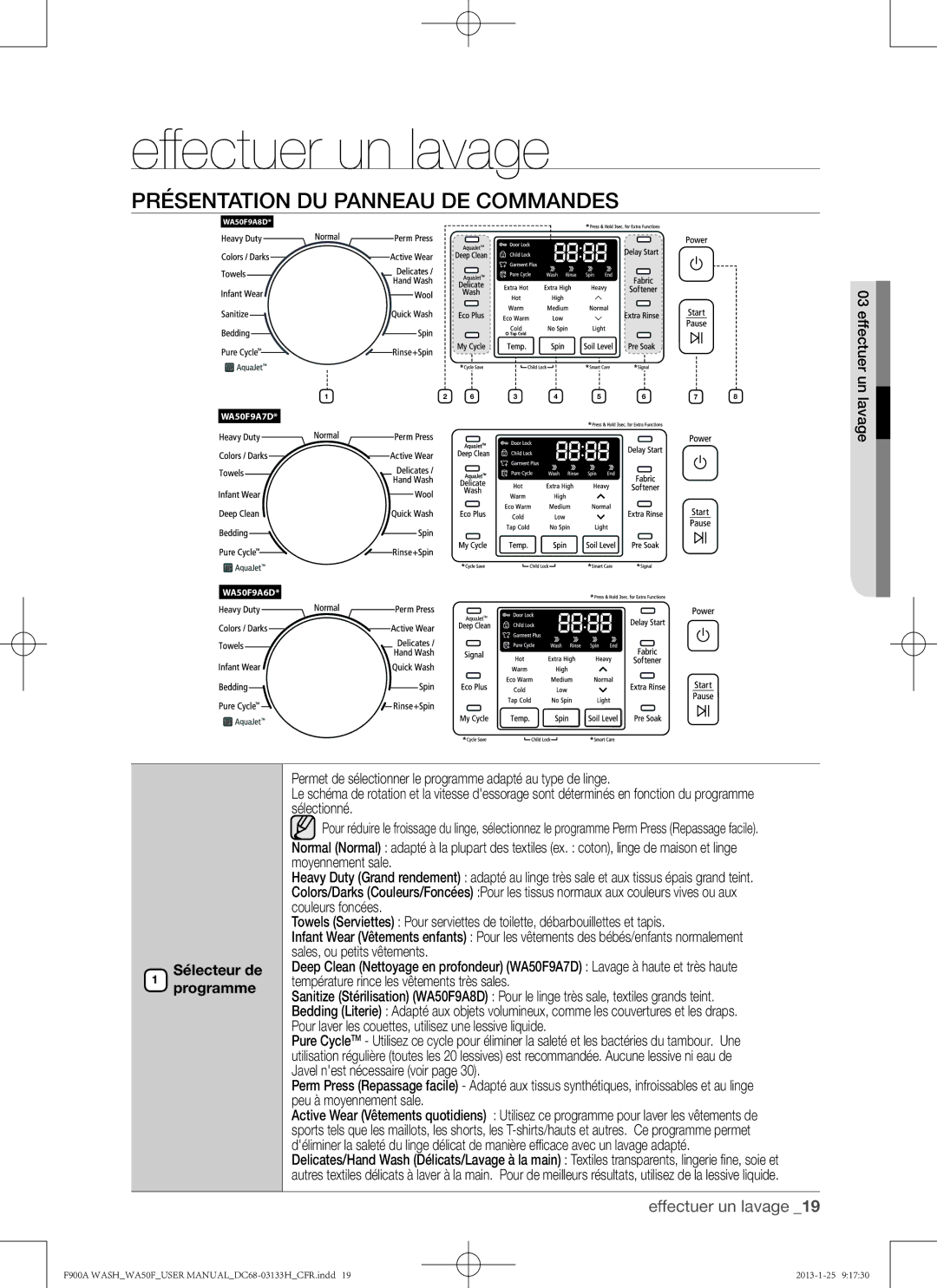 Samsung WA50F9A6DSW user manual Effectuer un lavage, Présentation du panneau de commandes, Sélecteur de programme 