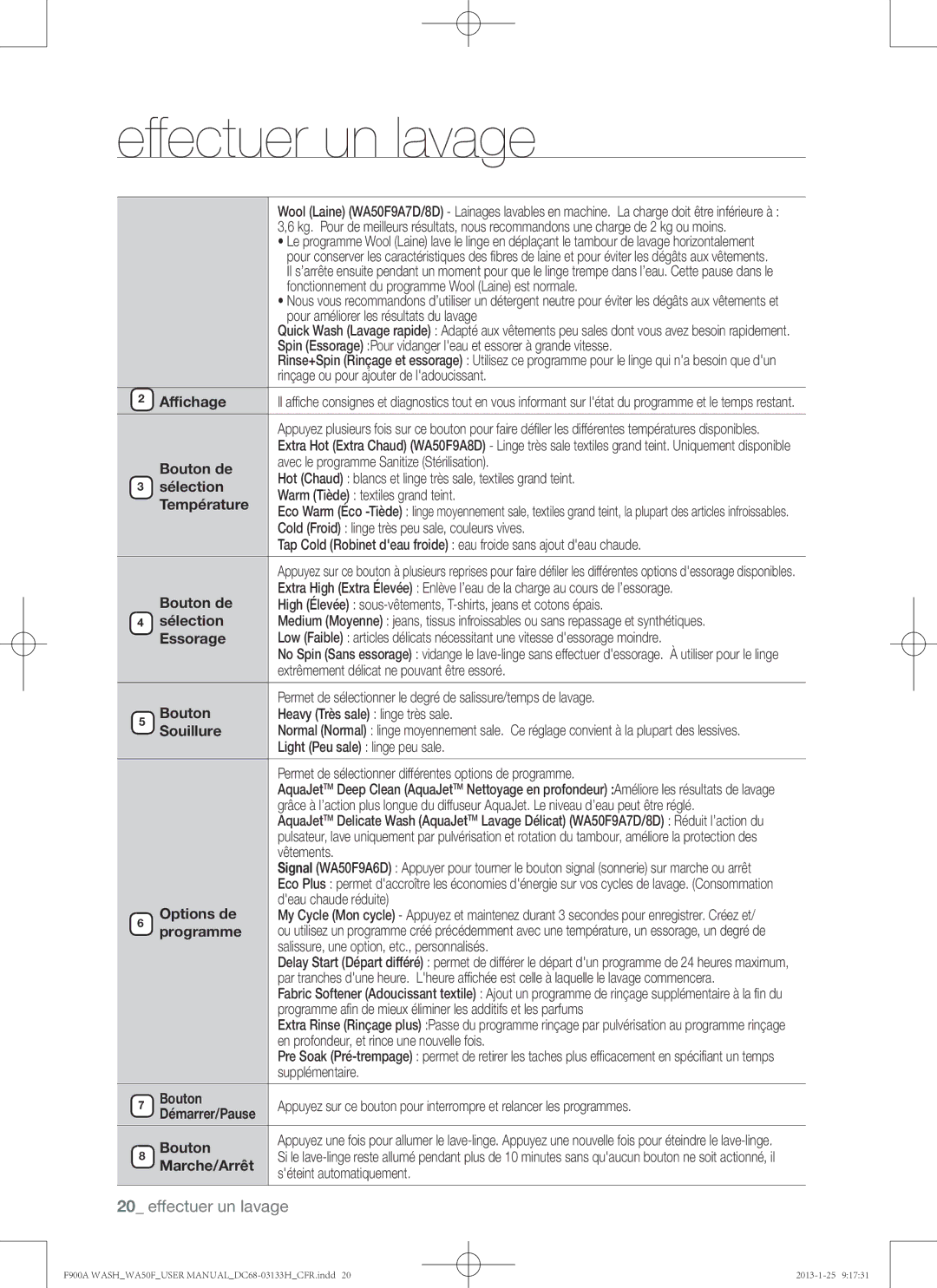 Samsung WA50F9A6DSW user manual Affichage, Bouton de, Sélection, Température, Essorage, Démarrer/Pause Bouton, Marche/Arrêt 