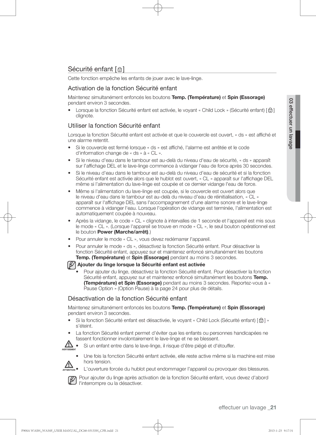 Samsung WA50F9A6DSW user manual Activation de la fonction Sécurité enfant, Utiliser la fonction Sécurité enfant 