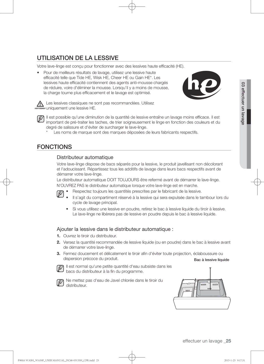 Samsung WA50F9A6DSW user manual Utilisation de la lessive, Fonctions, Distributeur automatique 