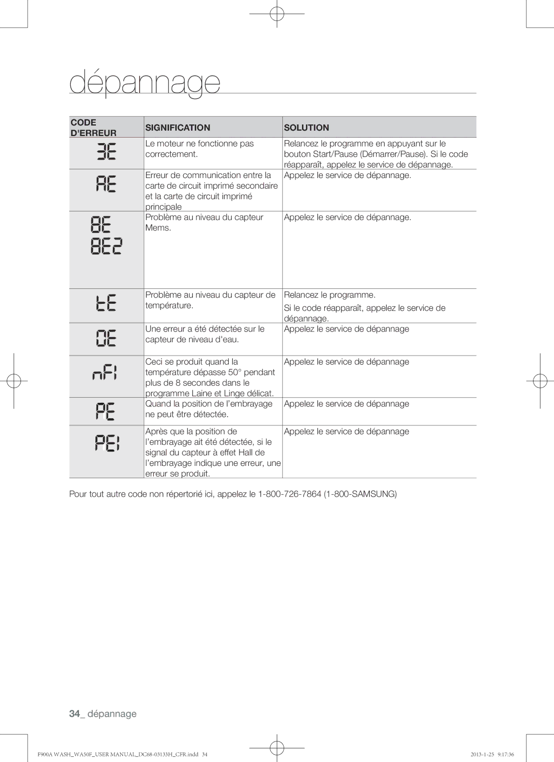 Samsung WA50F9A6DSW user manual 34 dépannage 