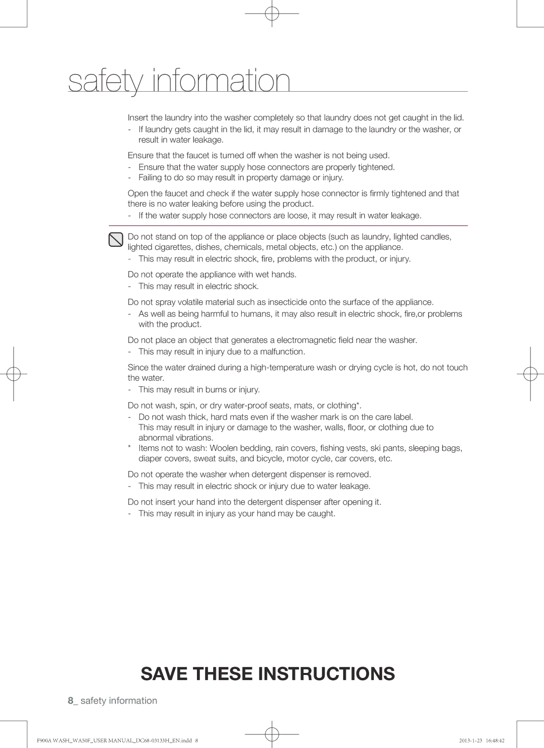 Samsung WA50F9A6DSW user manual Safety information 