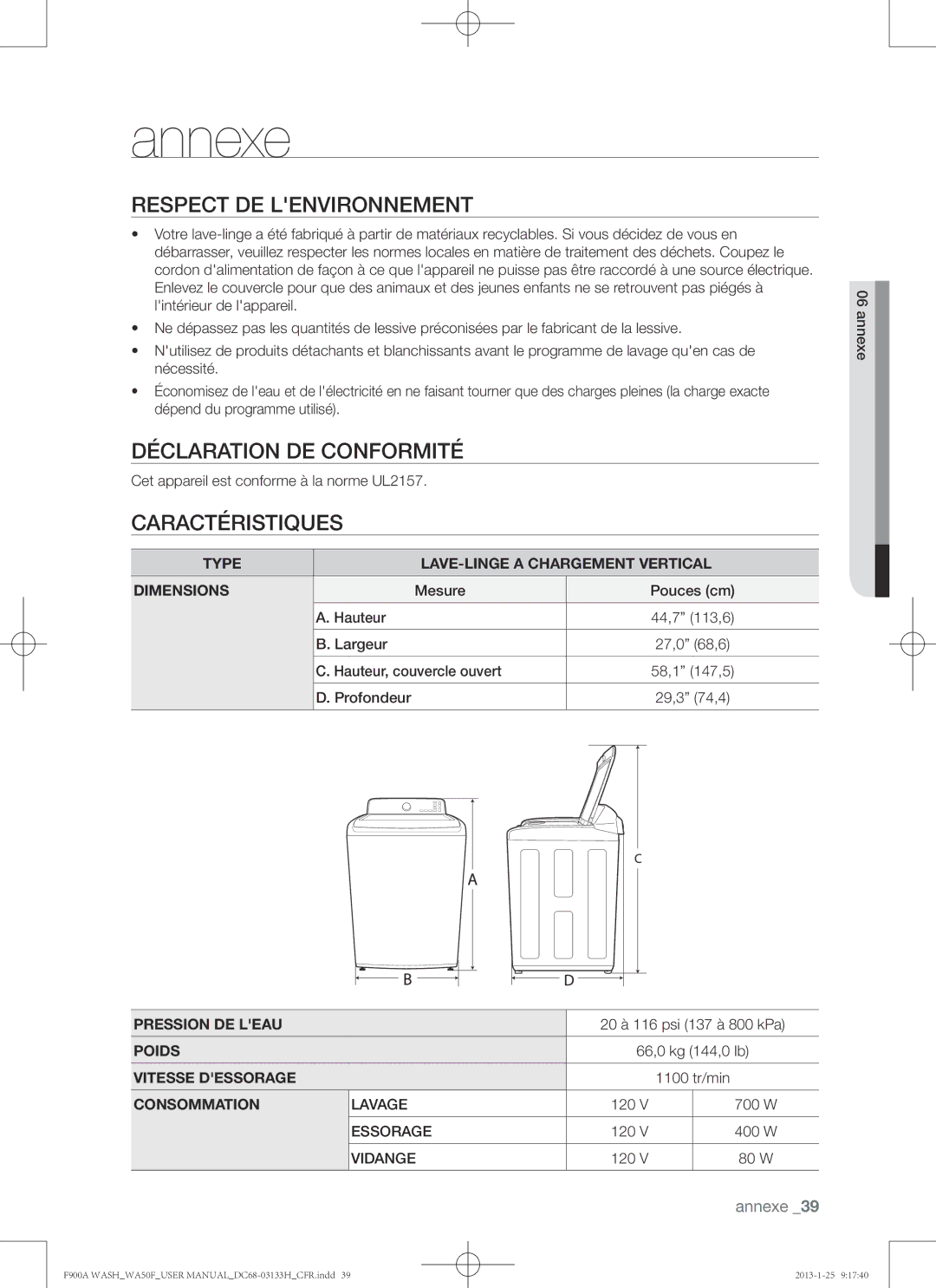 Samsung WA50F9A6DSW user manual Respect de lenvironnement, Déclaration de conformité, Caractéristiques 