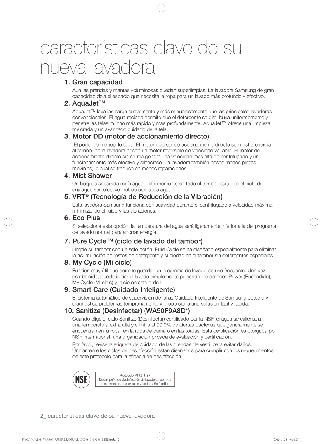 Samsung WA50F9A6DSW user manual Características clave de su nueva lavadora 