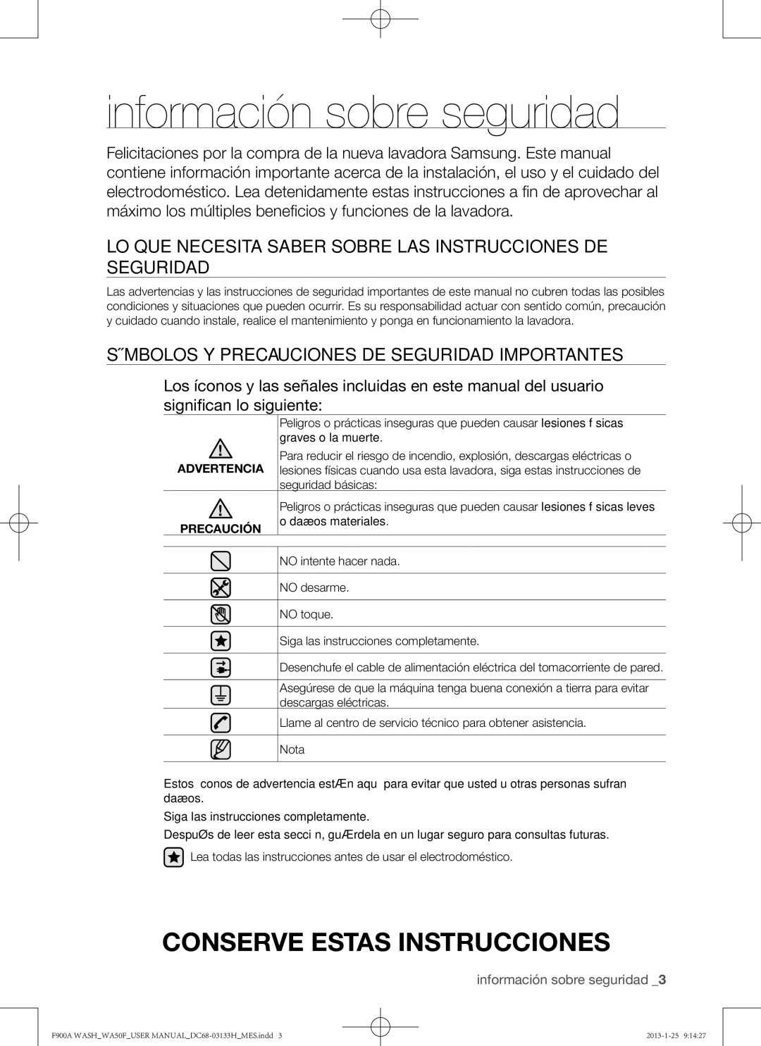 Samsung WA50F9A6DSW Información sobre seguridad, Lo que necesita saber sobre las instrucciones de seguridad, Advertencia 