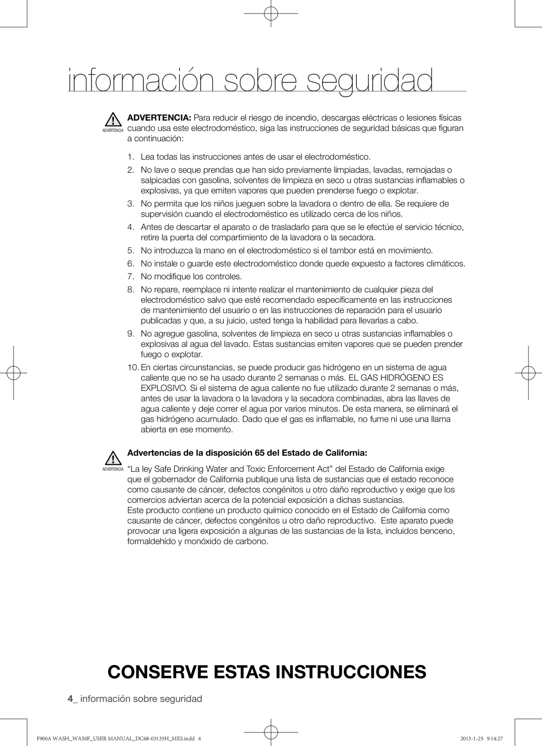 Samsung WA50F9A6DSW user manual Advertencias de la disposición 65 del Estado de California 