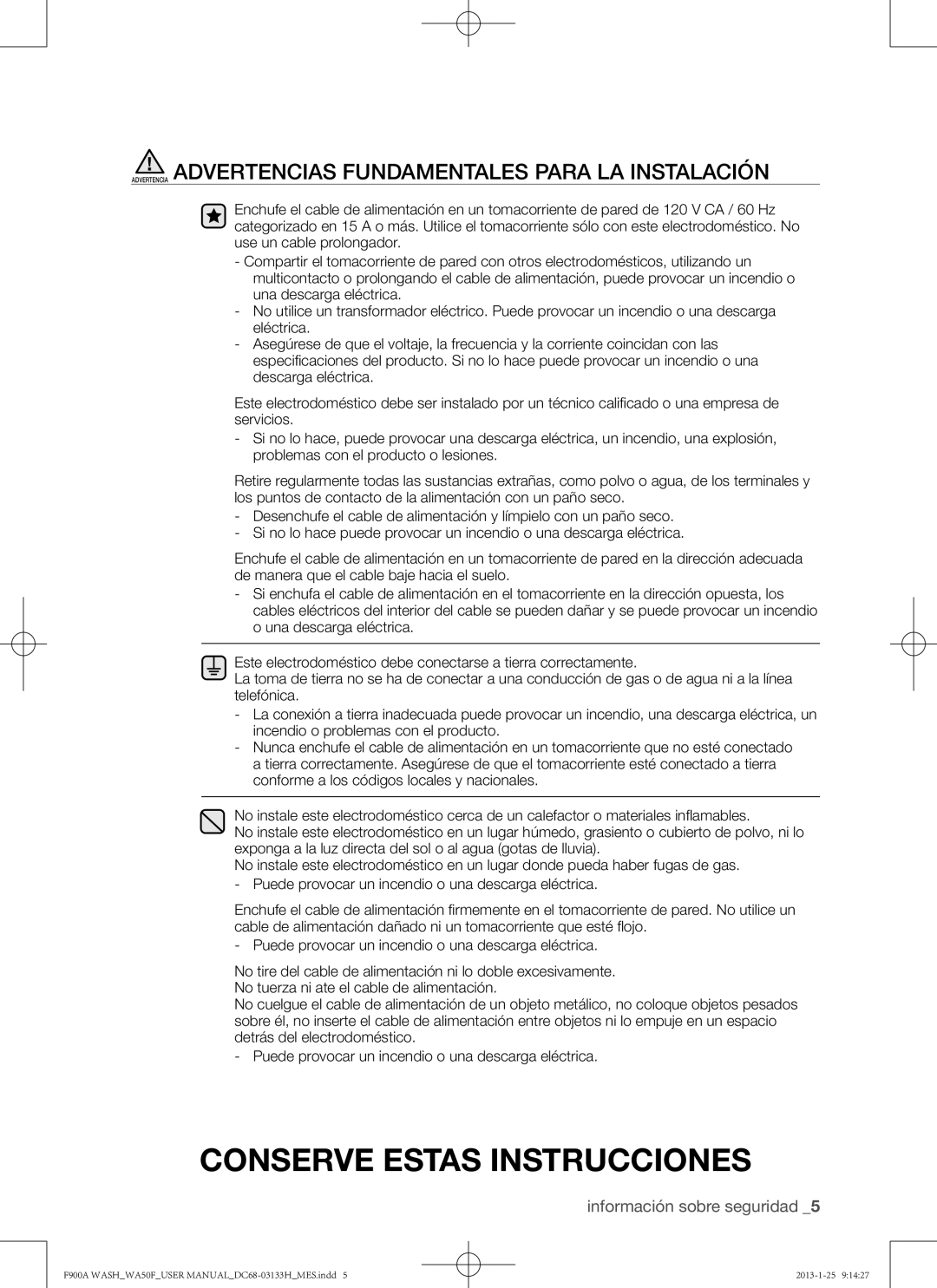 Samsung WA50F9A6DSW user manual Advertencia Advertencias Fundamentales Para LA Instalación 