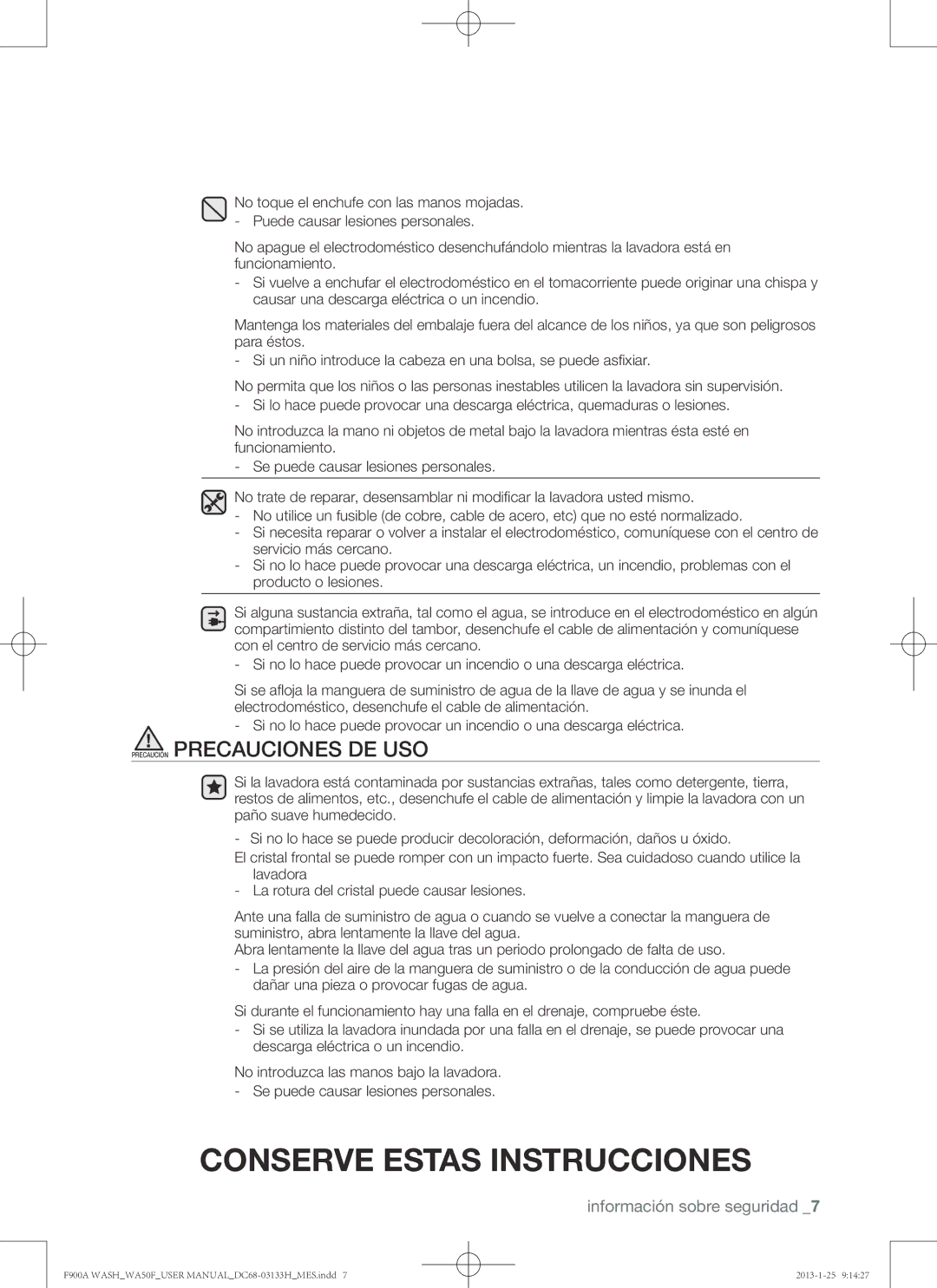 Samsung WA50F9A6DSW user manual Precaución Precauciones DE USO 