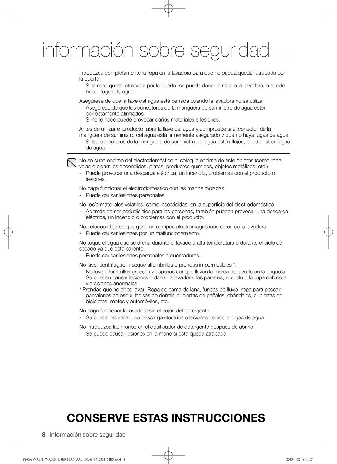 Samsung WA50F9A6DSW user manual Información sobre seguridad 