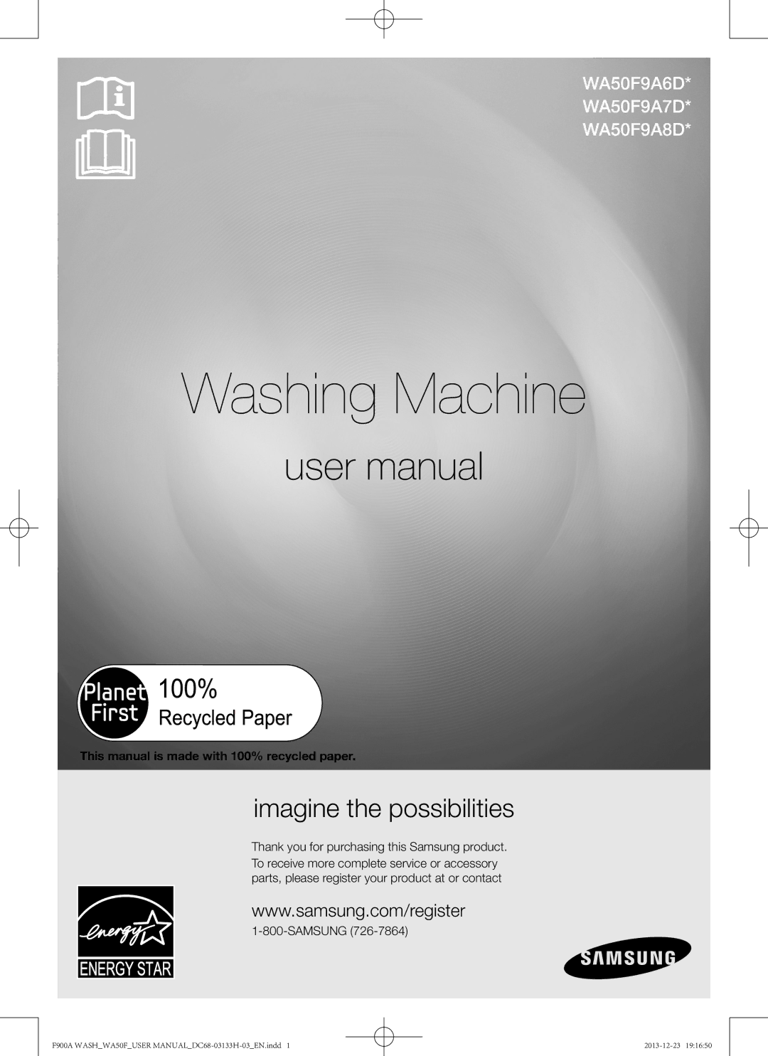 Samsung WA50F9A8DSP, WA50F9A8DSW user manual This manual is made with 100% recycled paper, Samsung 