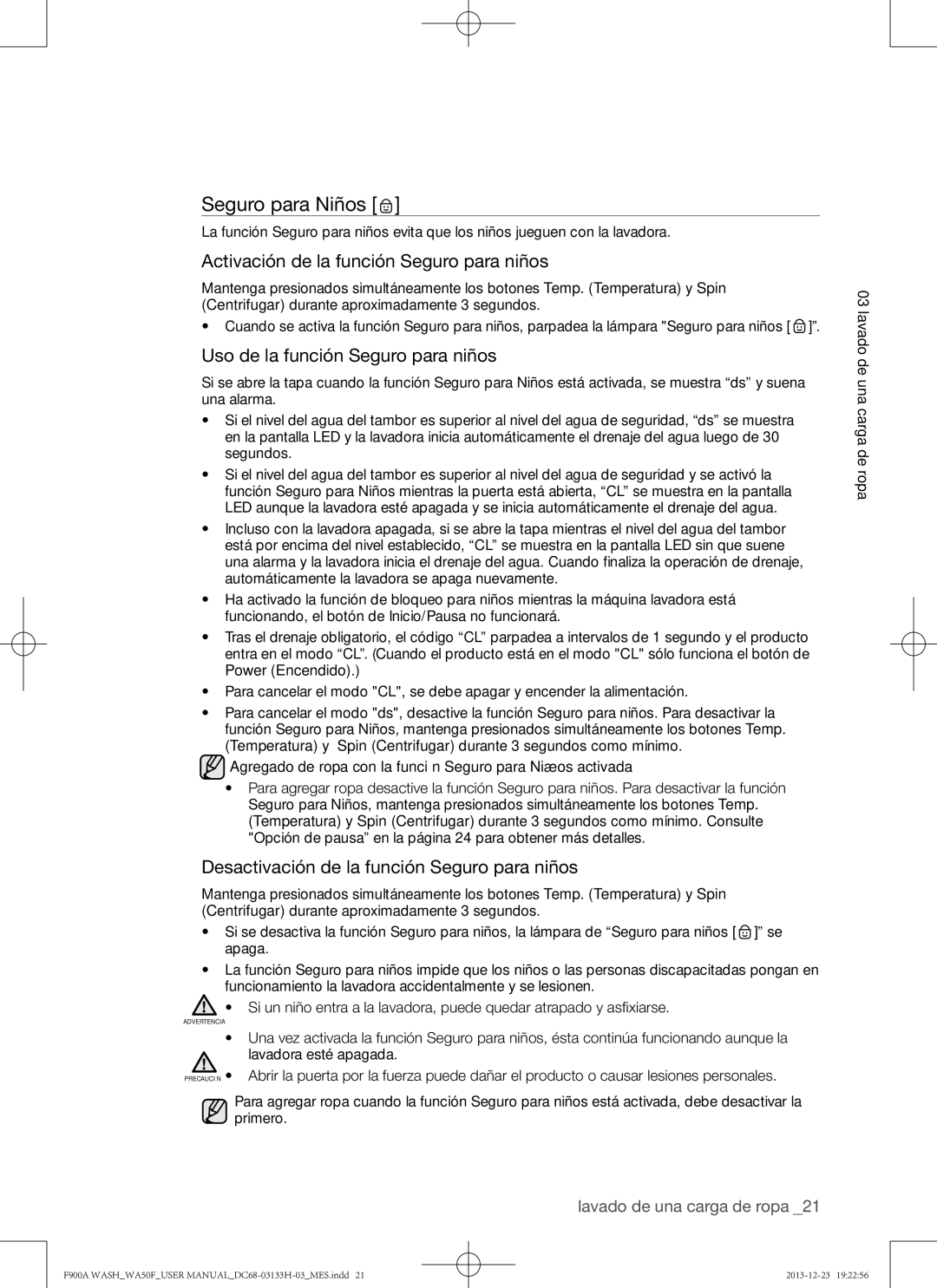 Samsung WA50F9A8DSP Seguro para Niños, Activación de la función Seguro para niños, Uso de la función Seguro para niños 