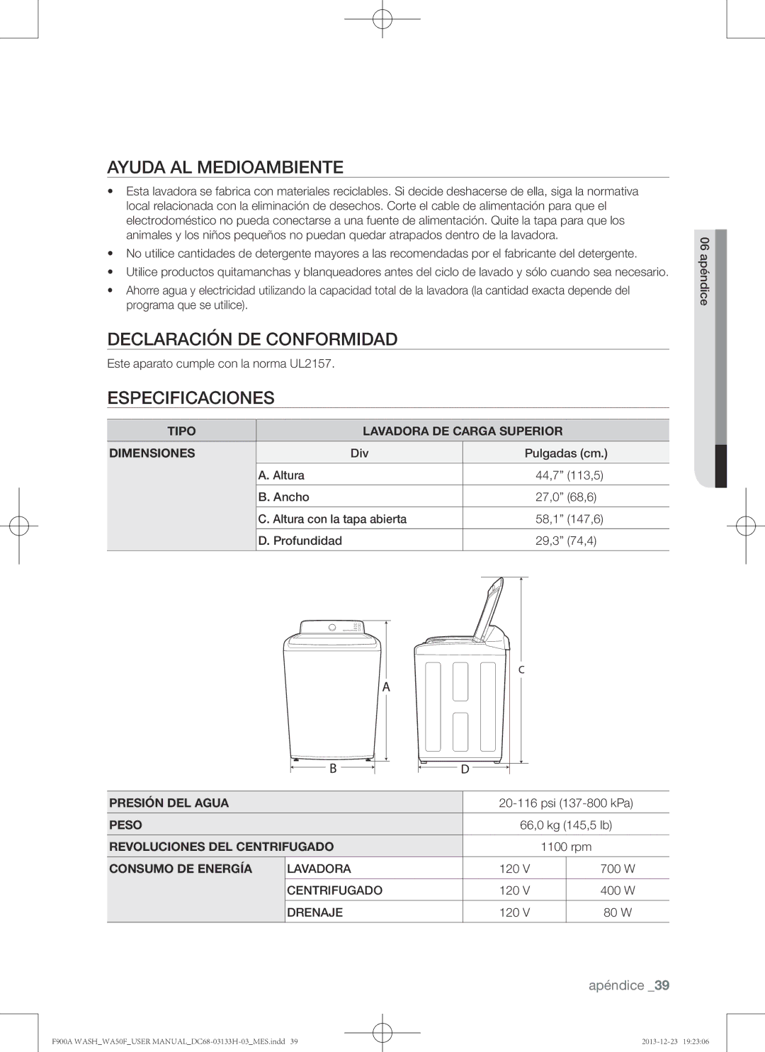 Samsung WA50F9A8DSP, WA50F9A8DSW user manual Ayuda al medioambiente, Declaración de conformidad, Especificaciones 