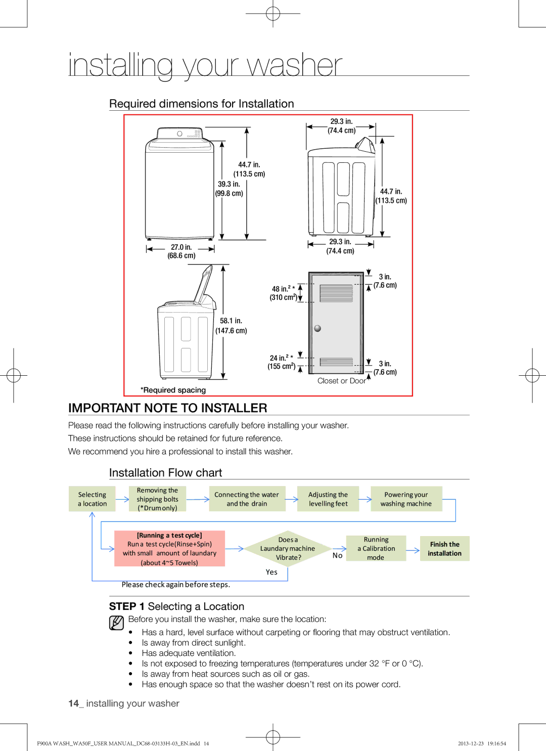 Samsung WA50F9A8DSW user manual Important note to installer, Required dimensions for Installation, Installation Flow chart 