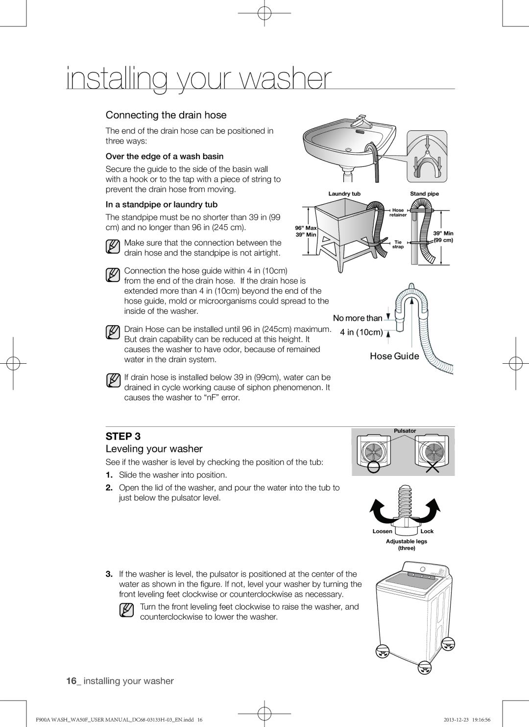 Samsung WA50F9A8DSW, WA50F9A8DSP user manual Connecting the drain hose, Leveling your washer, LqFp 