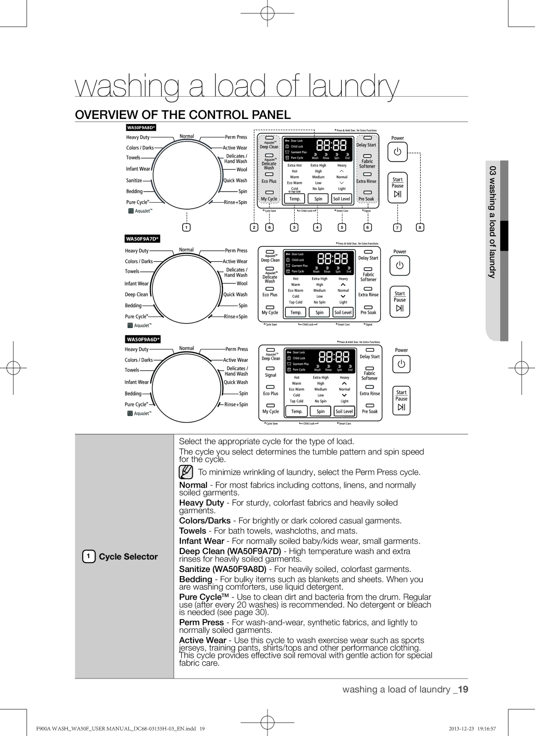 Samsung WA50F9A8DSP, WA50F9A8DSW user manual Washing a load of laundry, Overview of the control panel, Cycle Selector 