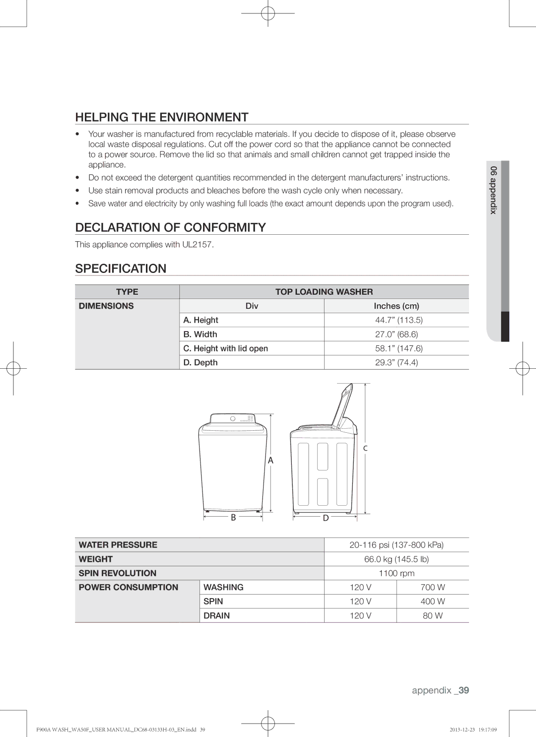 Samsung WA50F9A8DSP, WA50F9A8DSW user manual Helping the environment, Declaration of conformity, Specification 