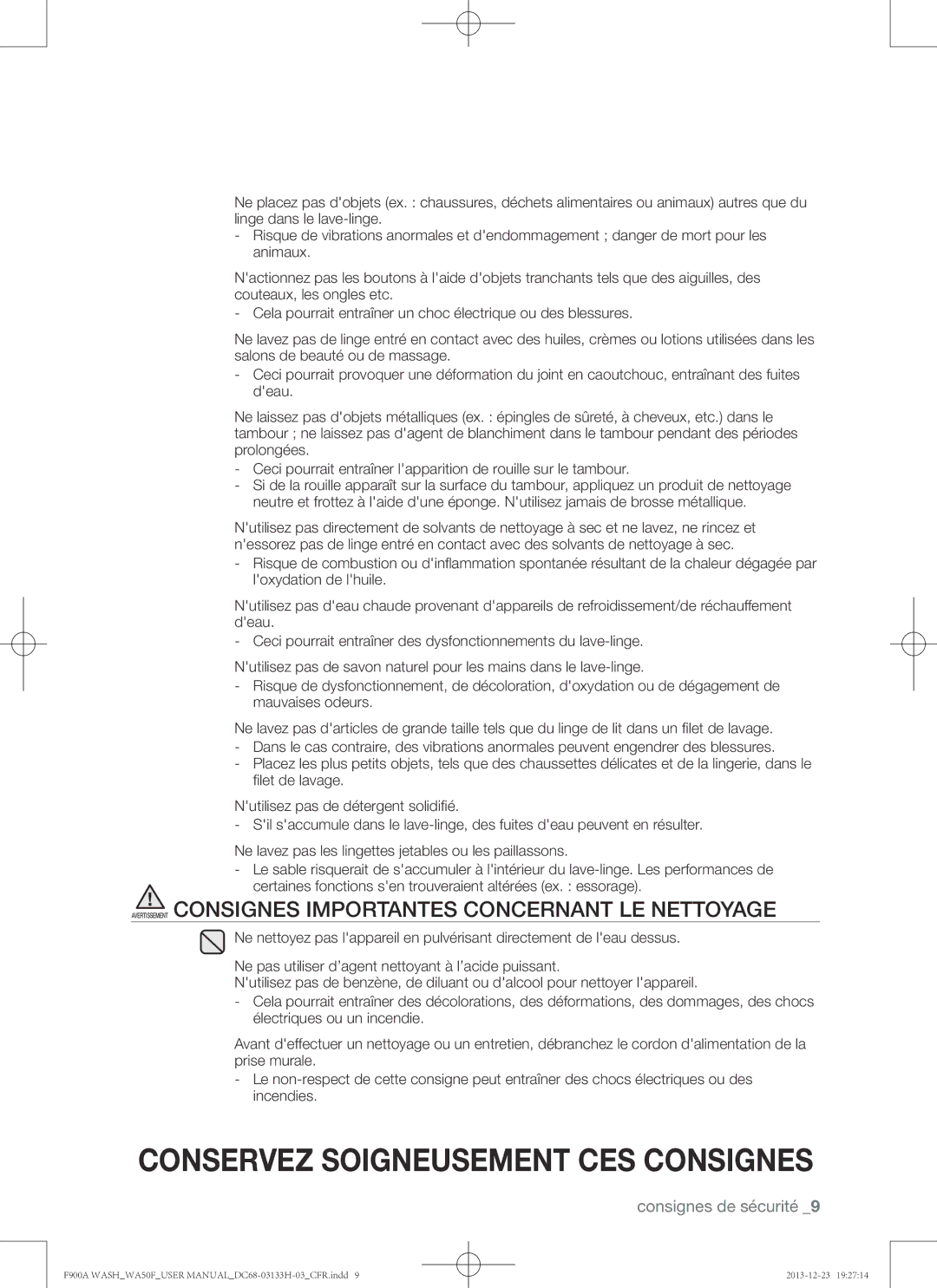 Samsung WA50F9A8DSP, WA50F9A8DSW user manual Avertissement Consignes Importantes Concernant LE Nettoyage 