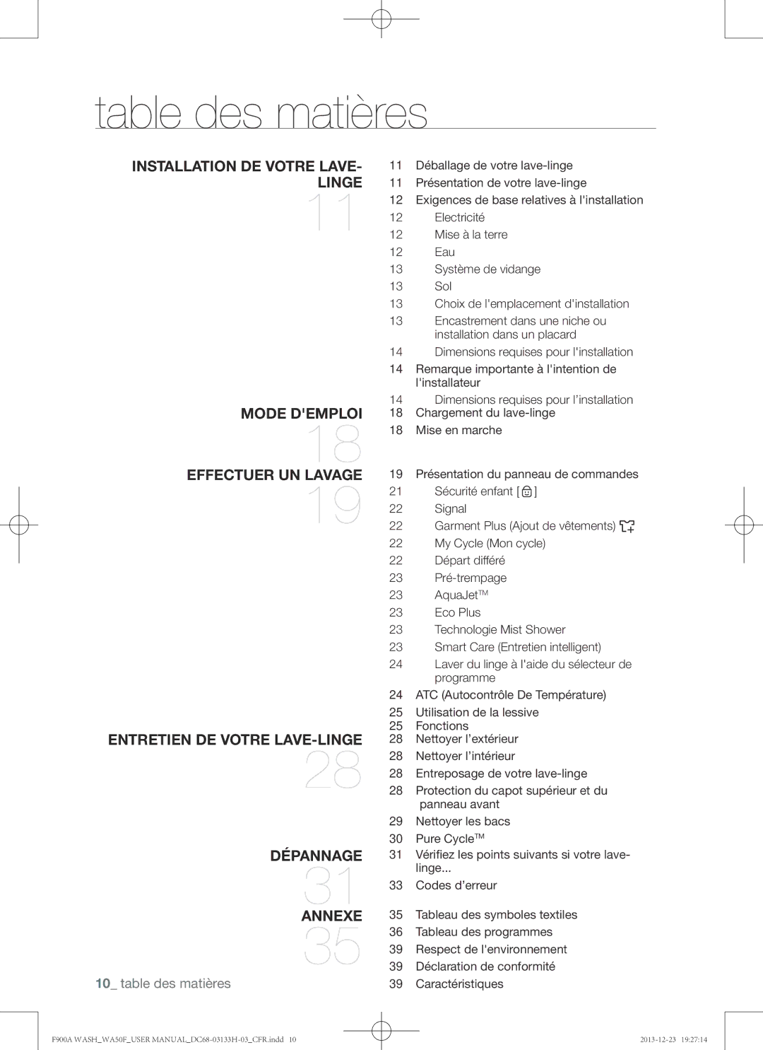 Samsung WA50F9A8DSW, WA50F9A8DSP user manual Table des matières 