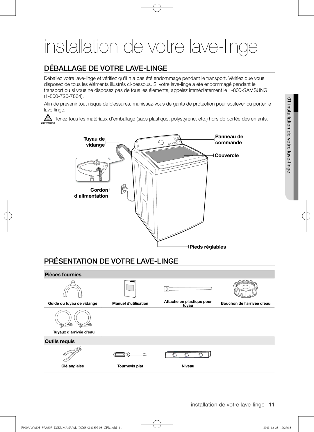 Samsung WA50F9A8DSP Déballage de votre lave-linge, Présentation de votre lave-linge, Pièces fournies, Outils requis 