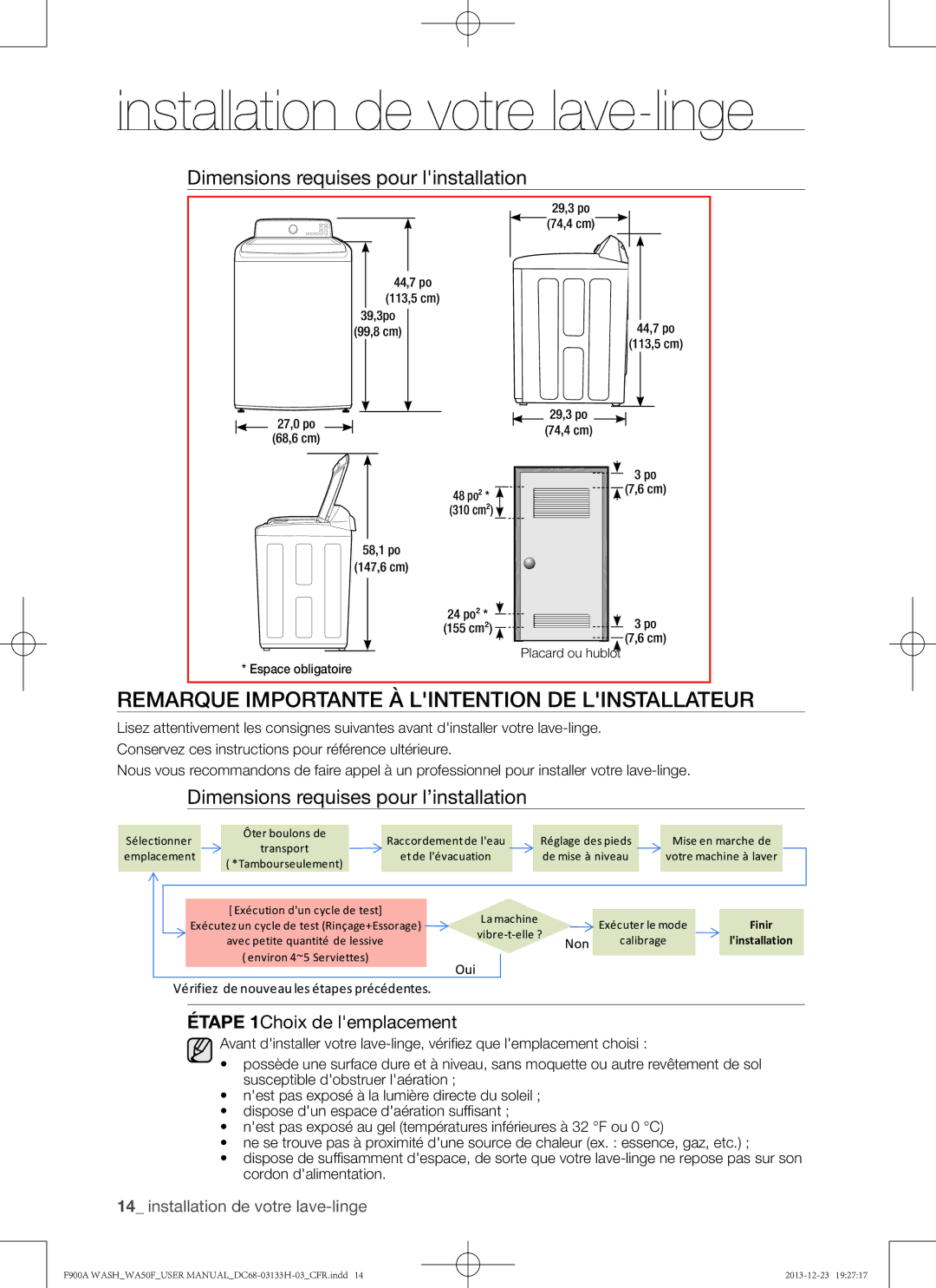 Samsung WA50F9A8DSW, WA50F9A8DSP Remarque importante à lintention de linstallateur, Dimensions requises pour linstallation 