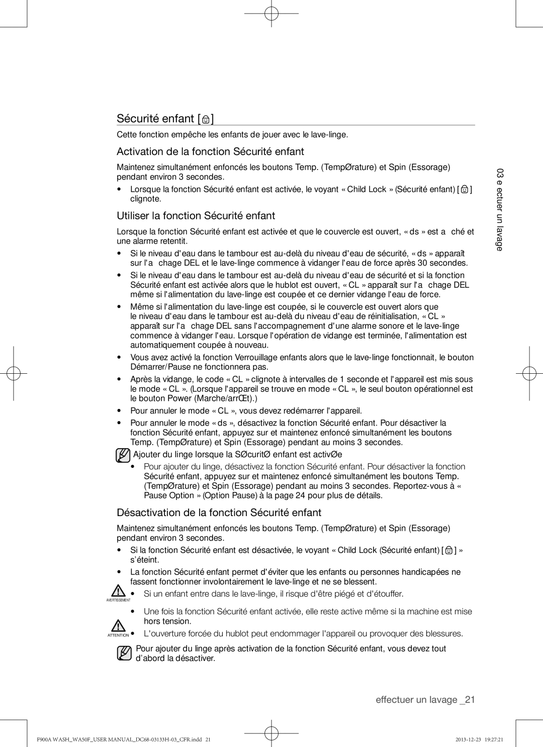 Samsung WA50F9A8DSP, WA50F9A8DSW Activation de la fonction Sécurité enfant, Utiliser la fonction Sécurité enfant 