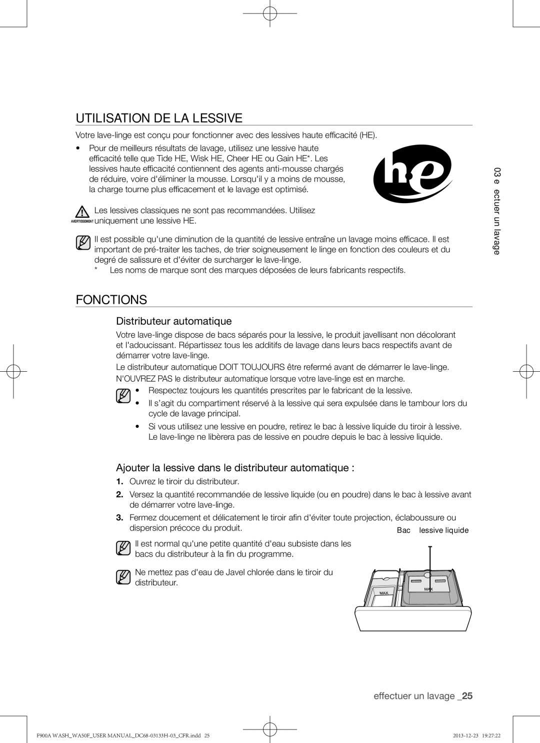 Samsung WA50F9A8DSP, WA50F9A8DSW user manual Utilisation de la lessive, Fonctions, Distributeur automatique 