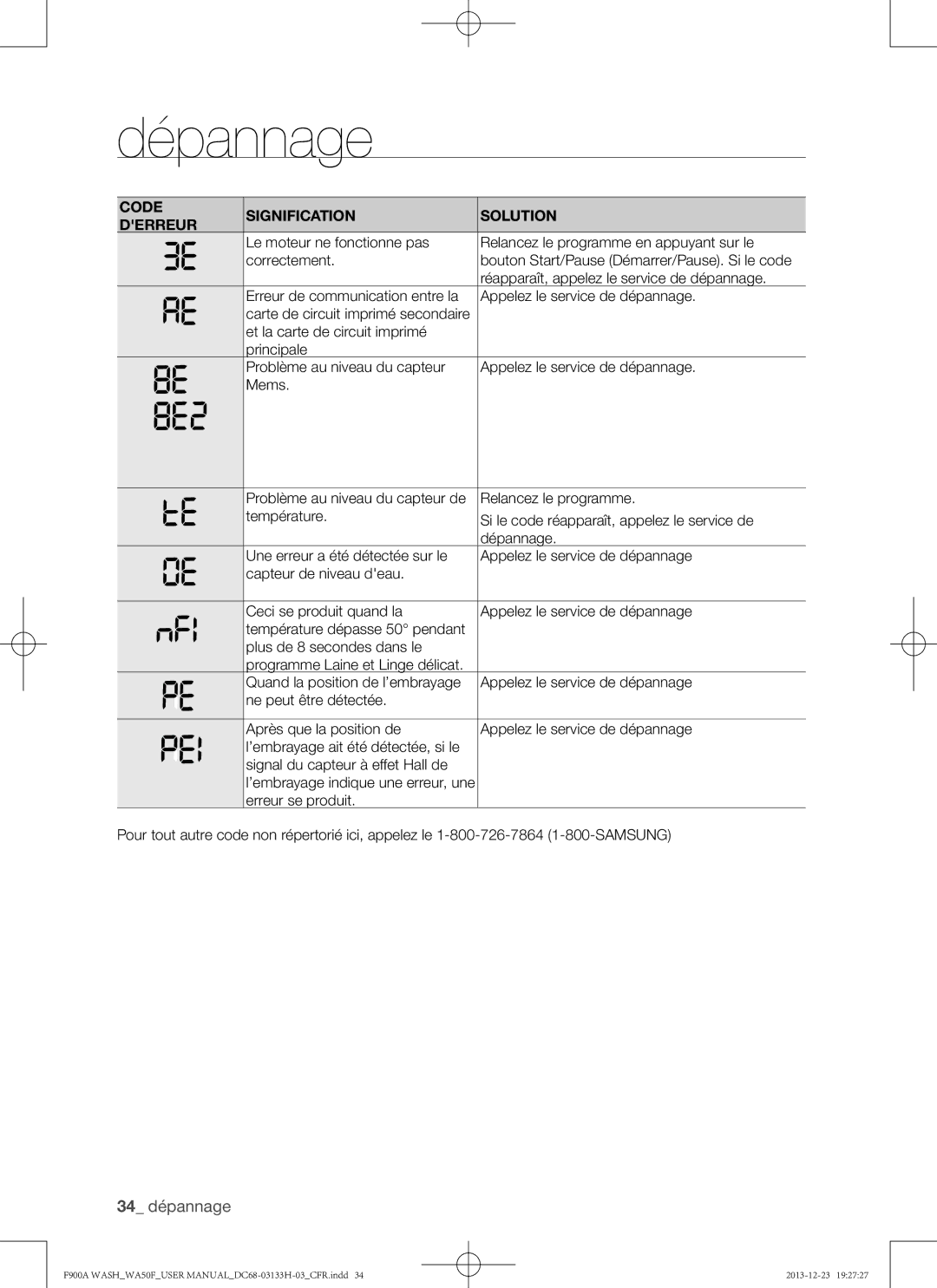 Samsung WA50F9A8DSW, WA50F9A8DSP user manual 34 dépannage 