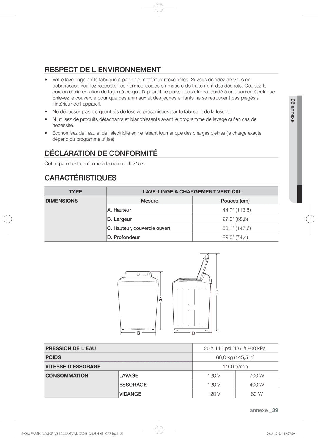 Samsung WA50F9A8DSP, WA50F9A8DSW user manual Respect de lenvironnement, Déclaration de conformité, Caractéristiques 