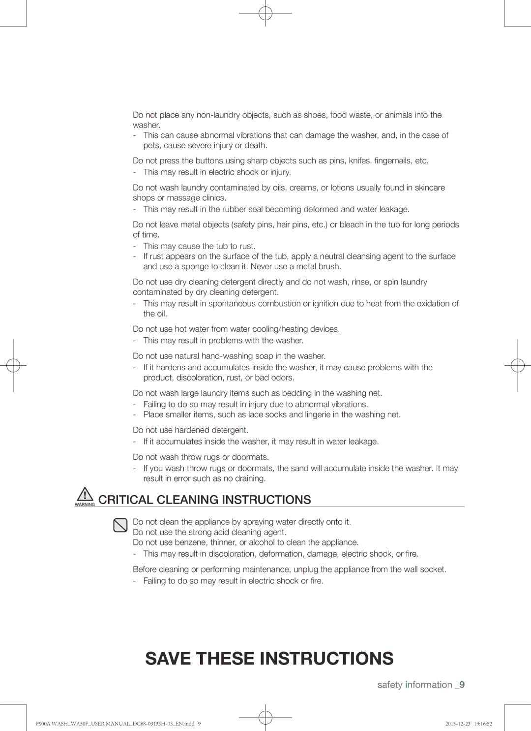 Samsung WA50F9A8DSP, WA50F9A8DSW user manual Safety information 