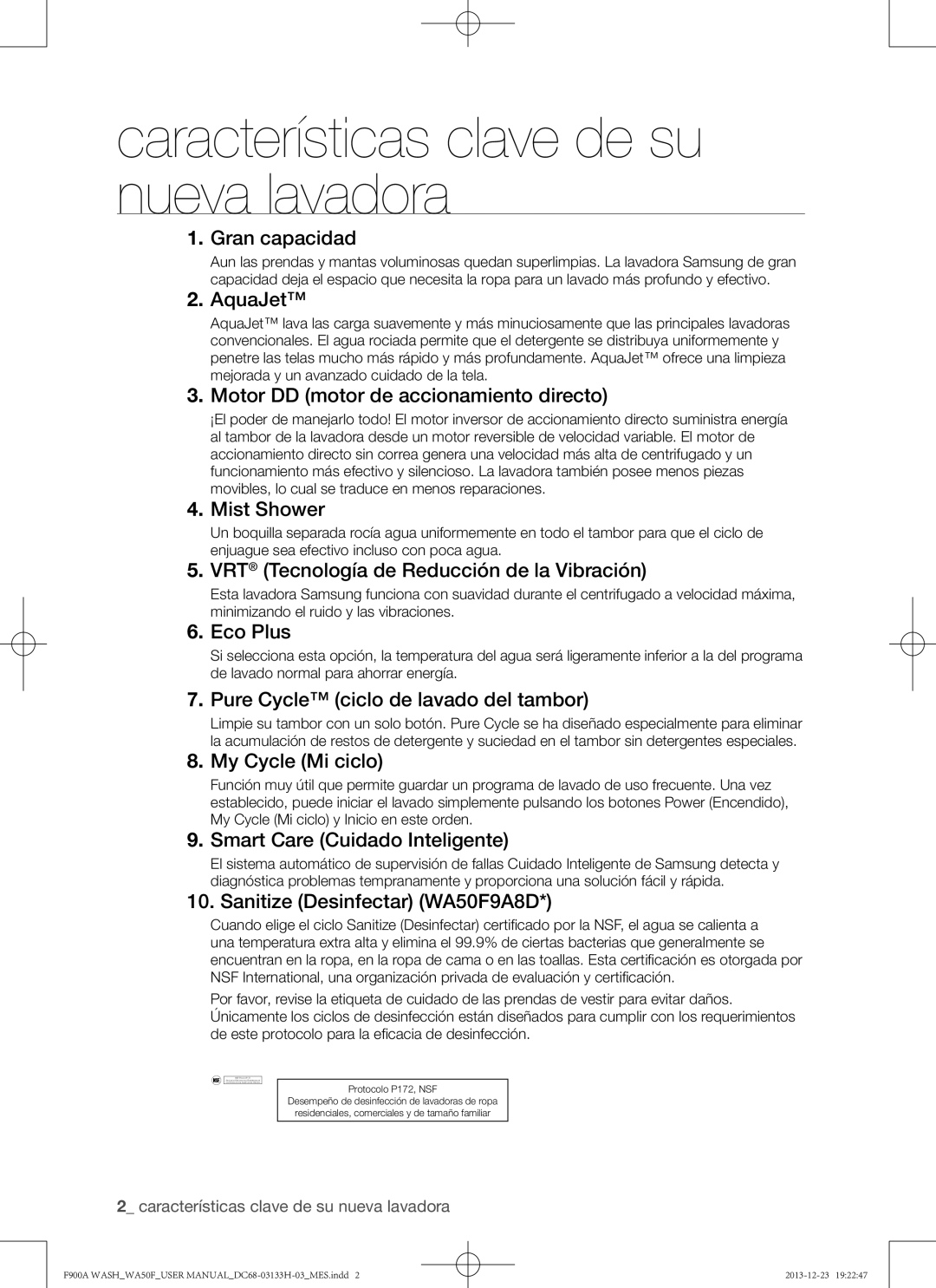 Samsung WA50F9A8DSW, WA50F9A8DSP user manual Características clave de su nueva lavadora 