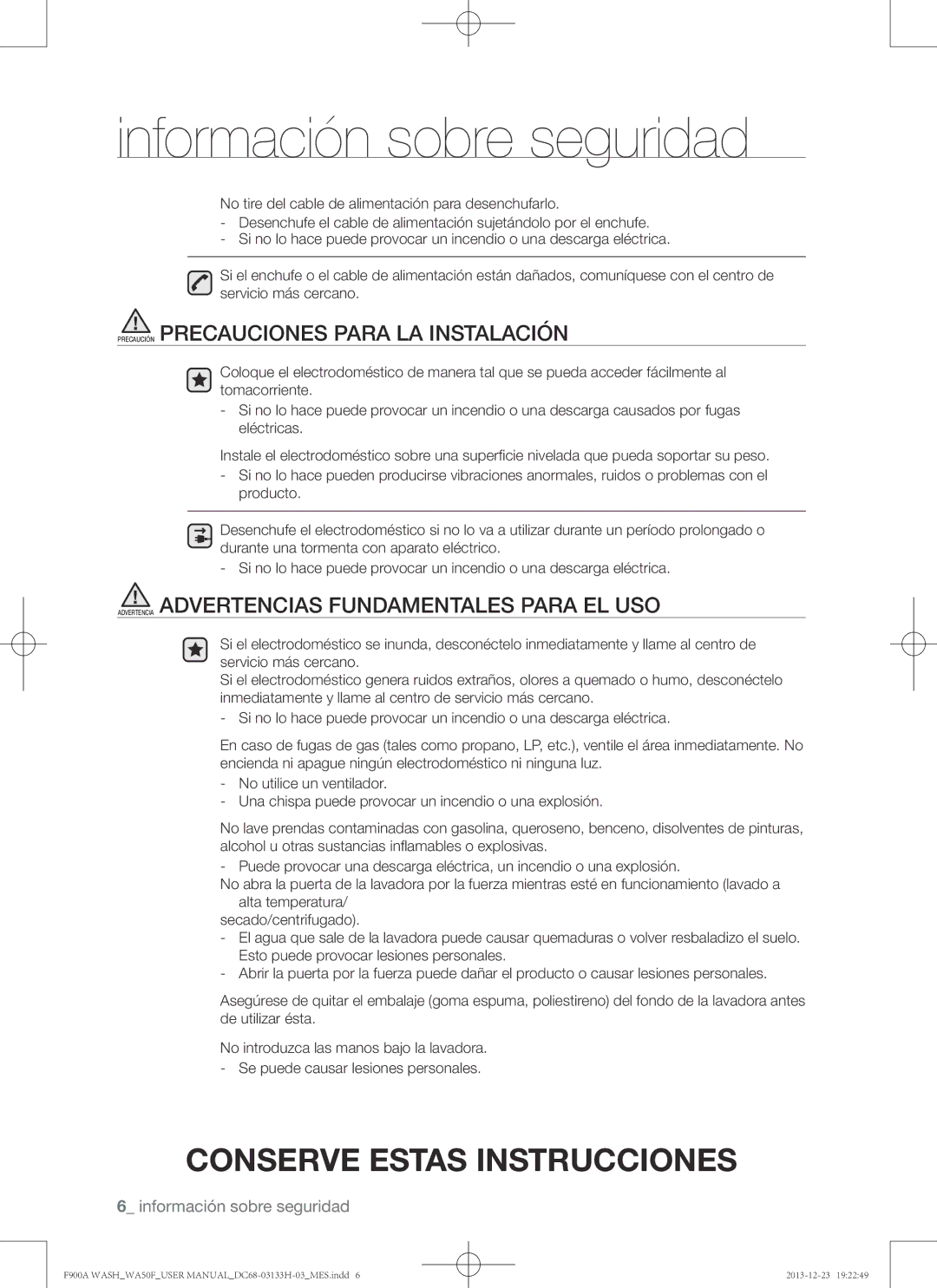 Samsung WA50F9A8DSW, WA50F9A8DSP user manual Precaución Precauciones Para LA Instalación 