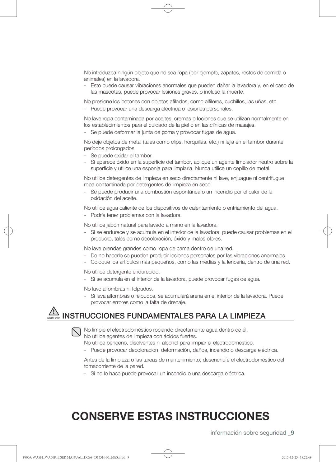 Samsung WA50F9A8DSP, WA50F9A8DSW user manual Advertencia Instrucciones Fundamentales Para LA Limpieza 