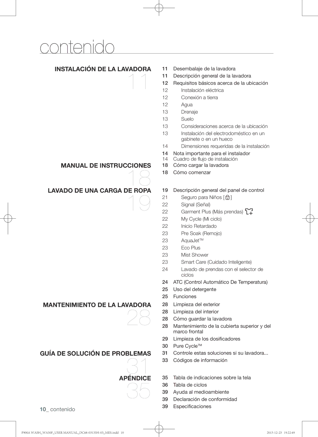 Samsung WA50F9A8DSW, WA50F9A8DSP user manual Contenido 