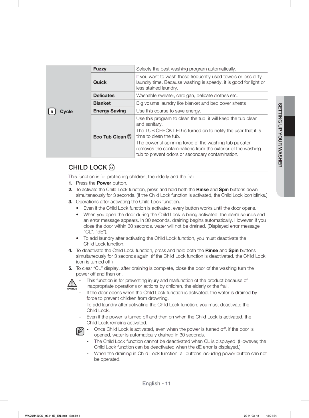 Samsung WA60H4200SW/YL, WA50H4200SW/YL manual Fuzzy, Quick, Delicates, Blanket, Cycle Energy Saving, Eco Tub Clean 