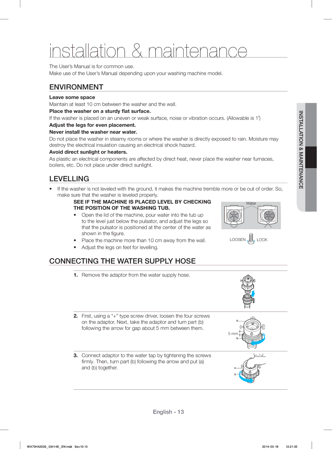 Samsung WA60H4200SW/YL manual Installation & maintenance, Environment, Levelling, Connecting the Water Supply Hose 