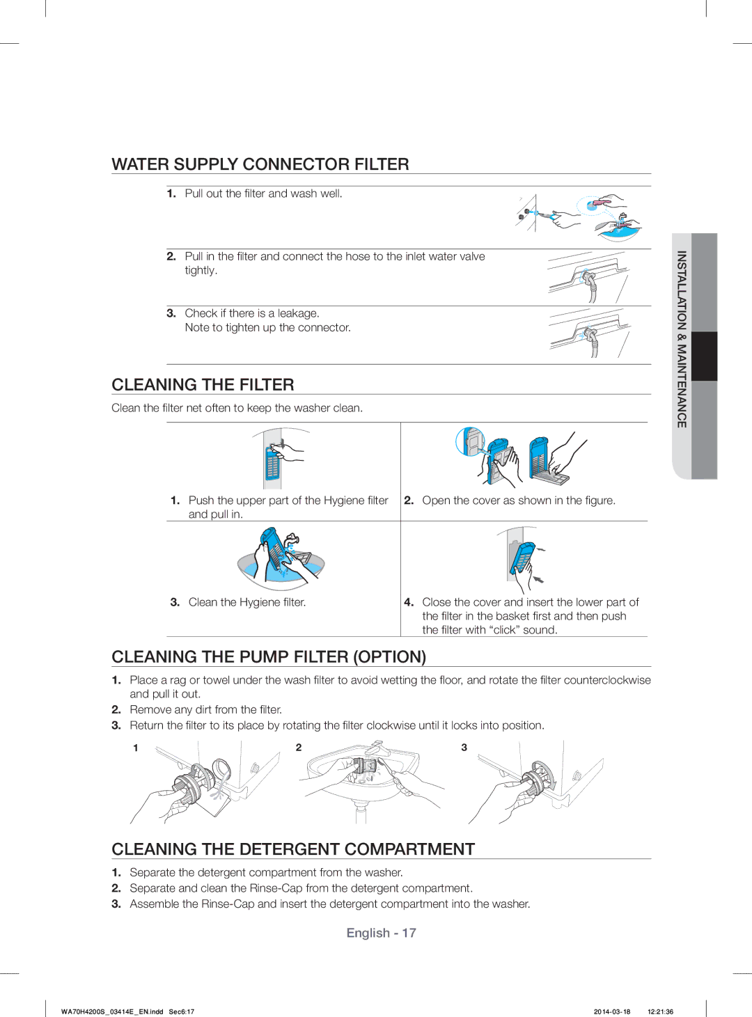 Samsung WA60H4200SW/YL, WA50H4200SW/YL Water Supply Connector Filter, Cleaning the Filter, Cleaning the Pump Filter Option 