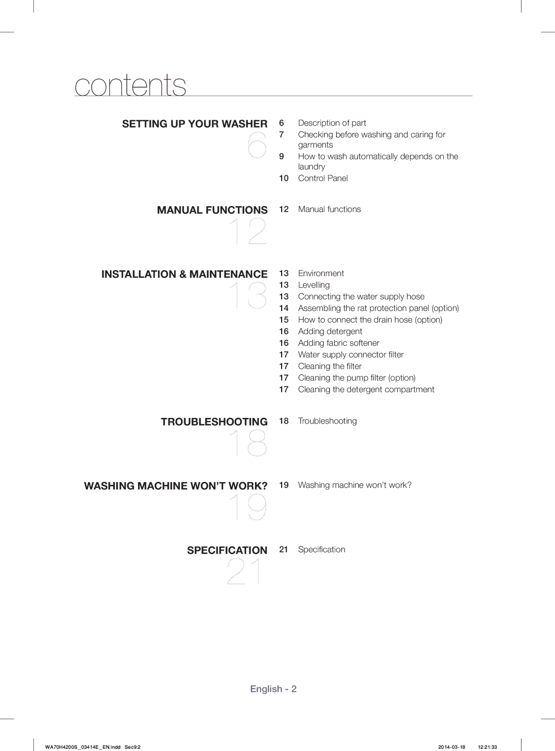 Samsung WA50H4200SW/YL, WA60H4200SW/YL manual Contents 